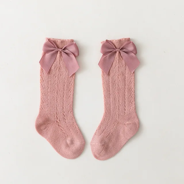 0-7 Years Summer Kids Socks With Bow Baby Girls Long Sock Knee High Cotton Hollow Out Toddlers Socks Mesh Children Princess Sock Light Pink