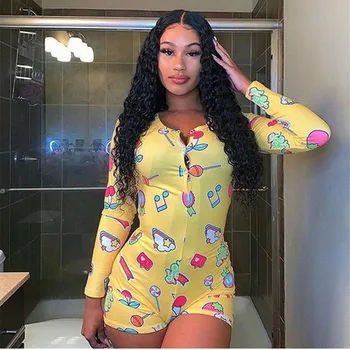 

2020 Womens Jumpsuit Cute Fashion Note Print Long Sleeve Deep V Neck Bodycon Jumpsuit Sleepwear Bodysuit Romper Short Pants