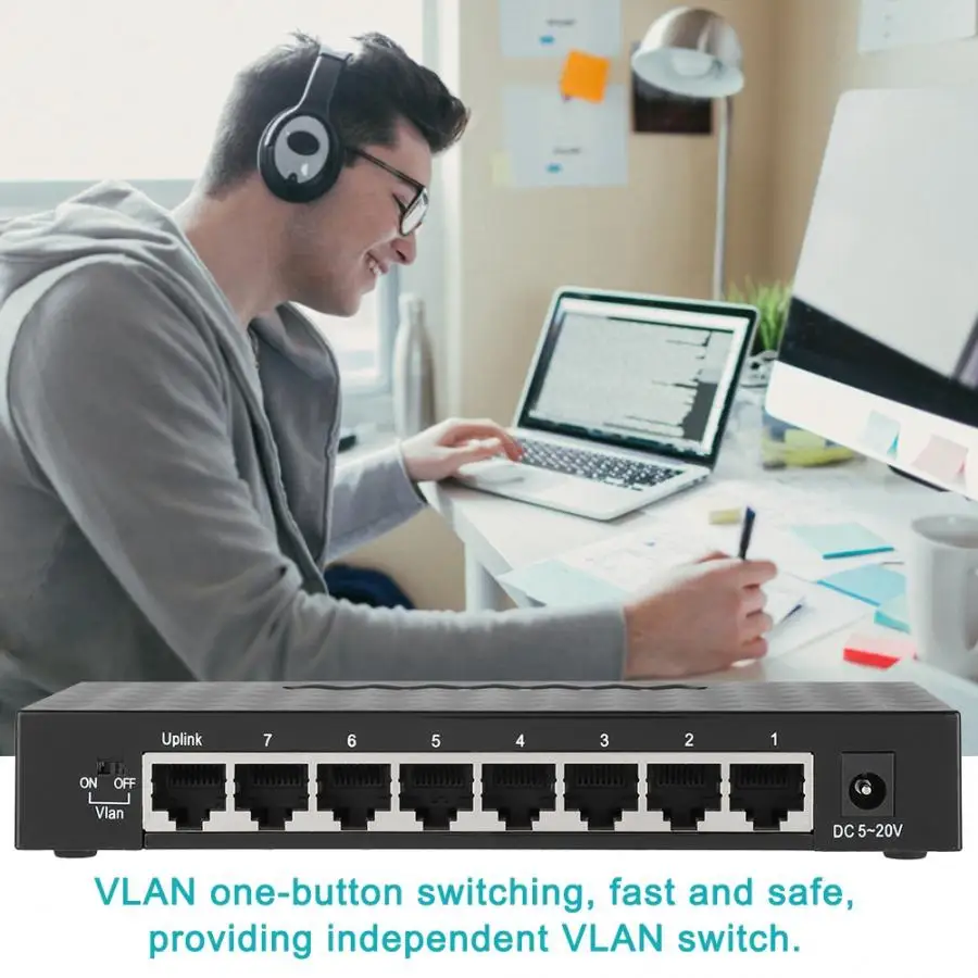 8 портов высокопроизводительная сеть VLAN концентратор Gigabit Ethernet настольный коммутатор 100-240 в черный