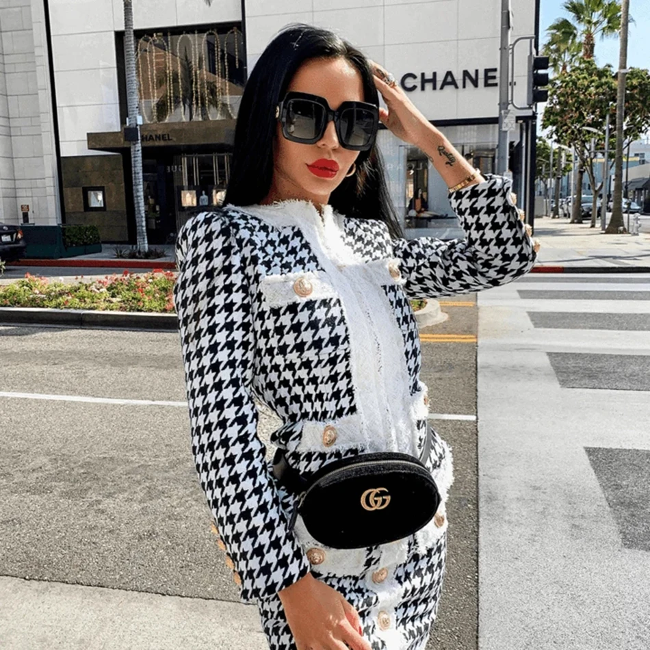 Ailigou Winter New Women'S Houndstooth Tweed 2 Sets Of Sexy Long-Sleeved Round Neck Button Coat+ Skirt Vestidos Party Suit