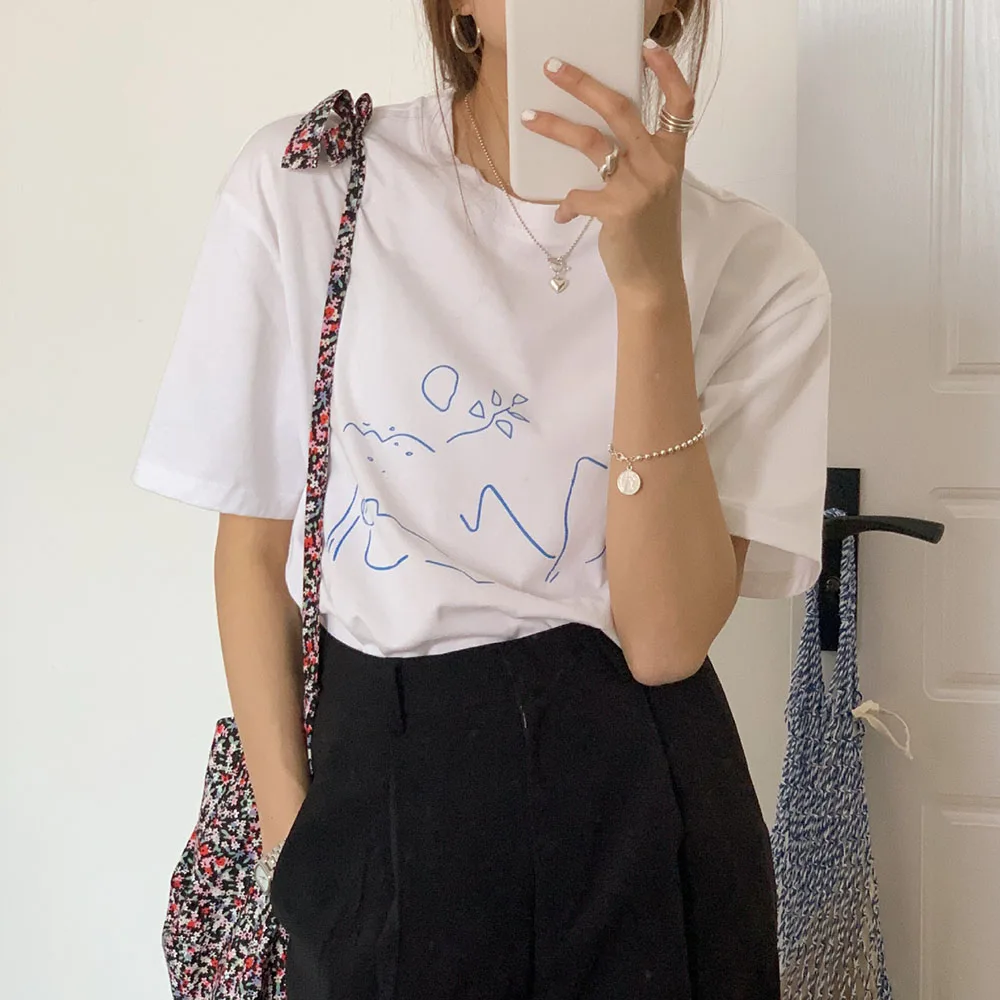 

Casual Girls Summer Loose T-Shirt White Print Short Sleeve Round Neck Women Tees Fashion Korean Japanese Cotton Tops Shirts