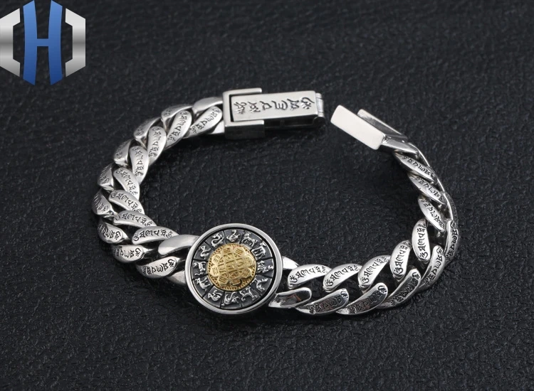 S925 Стерлинговое серебро ювелирные изделия Модные тайские серебряные шесть слов мантра Зодиак король конг пестик транспорт мужской браслет