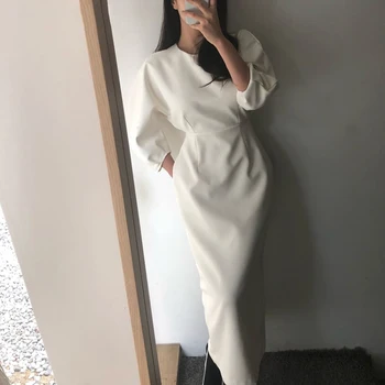 

SHIJIA 2019 Autumn Winter Solid Slim Fit High Waist Female Long Dress Skinny Dress Elegant Simple Women Package Hip Dress