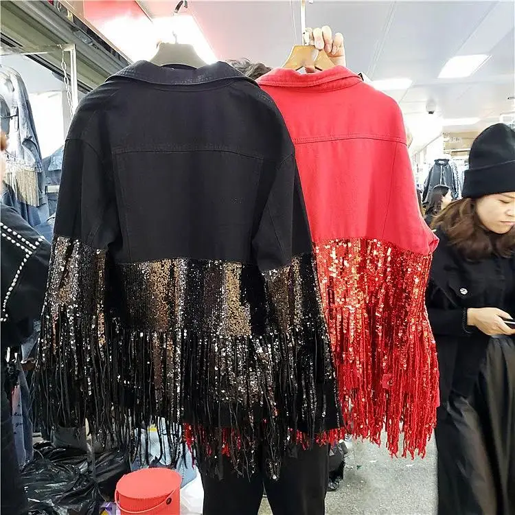 Весеннее базовое джинсовое Женское пальто с одной пряжкой и кисточками, черная белая джинсовая куртка, женская джинсовая куртка с блестками
