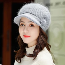 HT2807, берет, шапка, элегантный цветок, мех кролика, шапка для женщин, толстая, теплая, зимняя, шапка для девушек, газетчик, шапка для женщин, вязаная шапка, женские береты