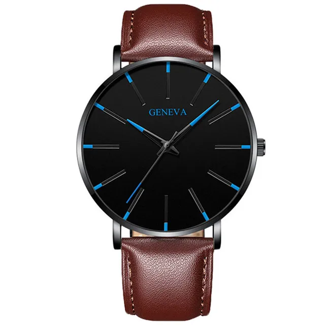 2021 NEW Watch Men Stainless Steel Mesh Belt Quartz Minimalist Ultra Thin Watches Men's Sports Leather Watch relogio masculino Leather Brown Blue