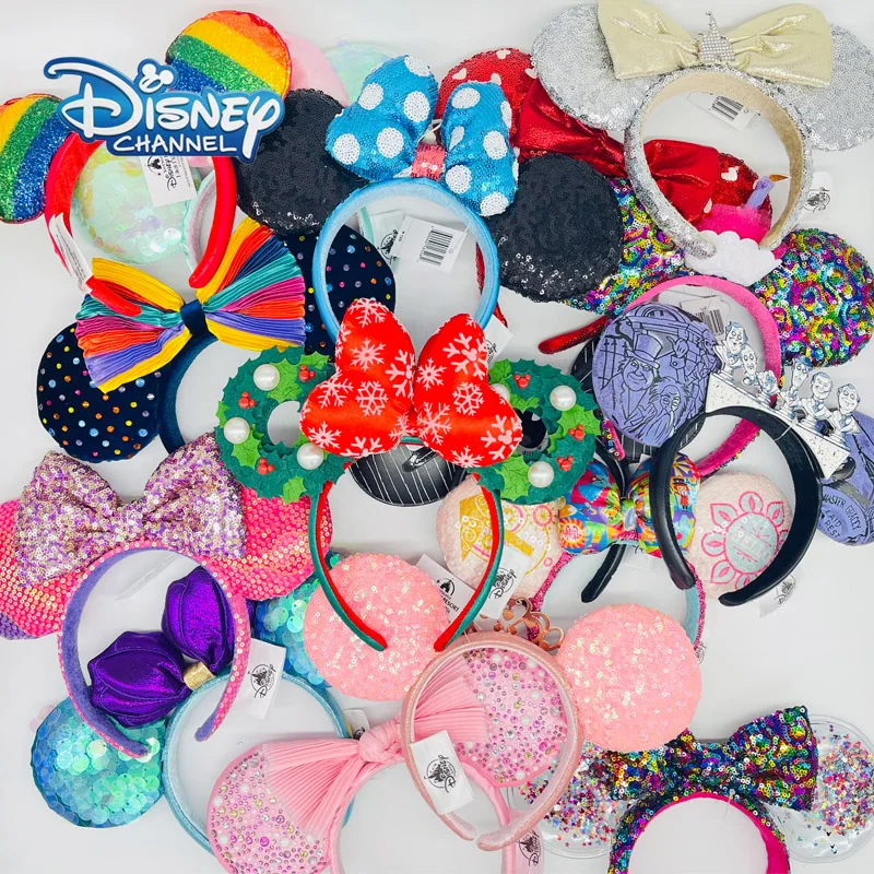 Hair Accessories Princess Pretend Toys Disney Mermaid Mickey Minnie Ears Headband Sequin Big Bow Costume Girl Cosplay Plush Adult/Kids Gifts