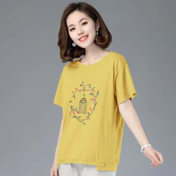 

2020 WOMEN Pure cotton embroidered T-shirt women's short-sleeved shirt summer new fat MM loose large size women's foreign