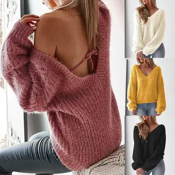 

Sexy Women Autumn Winter Deep V Neck Backless Bandage Loose Knitted Sweater
