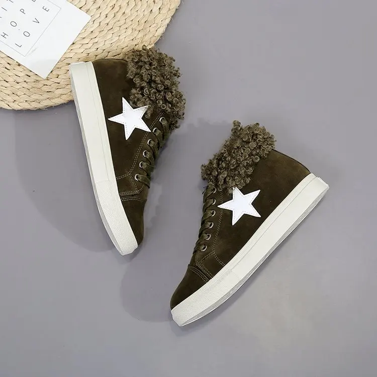 

2017 Autumn And Winter New Style Women's Boots round Flat Anti-slip Lace-up Furry Neckline Velvet Lining Warm Shoes WOMEN'S Casu