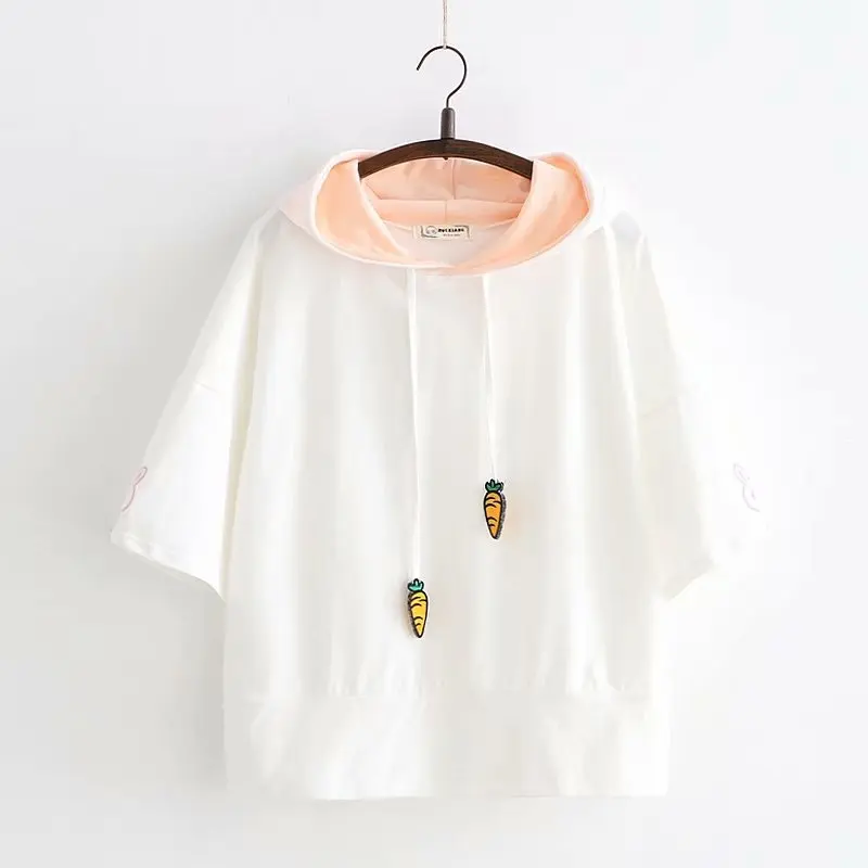 

Summer Women Sweet rabbit embroidery hooded harajuku t-shirts solid color 100% cotton short-sleeved T-shirt female