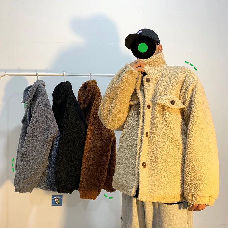 

Winter Men's Waterproof Lamb Parkas Casual Snow Jackets In Warm Wool Coat Thickening Lovers Cotton-padded Clothes Loose Trench