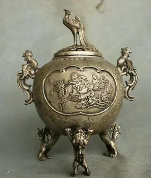 

Chinese Dynasty Palace Silver Fengshui Wealth Bird Phoenix Incense Burner Censer
