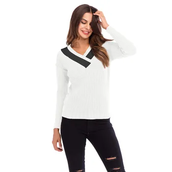 

women pullovers knitwear sweater women Colorblock V Neck Long Sleeve Knitted Sweater Jumper Pullover Top Blouse Y924