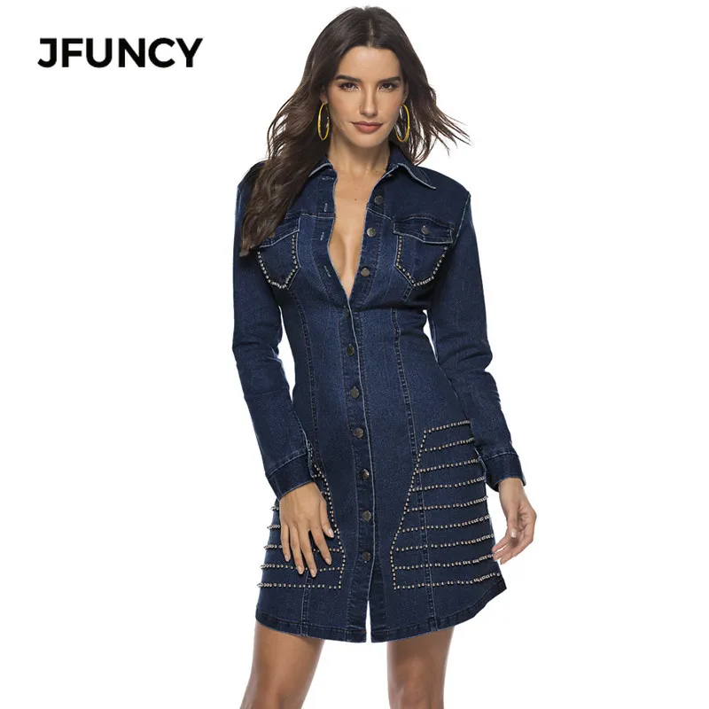 JFUNCY/модное женское осеннее джинсовое платье из хлопка с длинным рукавом, повседневное свободное платье с заклепками, уличная Весенняя джинсовая одежда с отложным воротником
