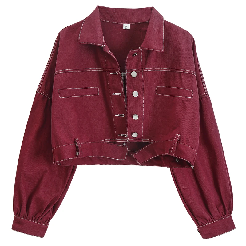 

PERHAPS U Wine White Yellow Short Thin Denim Jacket Button lantern long sleeves loose Jean Jackets Turn Down Collar C0193