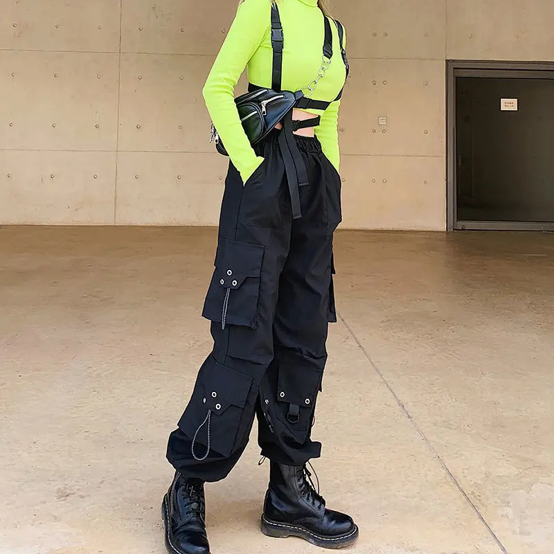 2021 Gothic Cargo Women Pants Korean Fashion Spring 2021 Harajuku Streetwear Oversized High Waisted Loose Trousers Female Goth capri trousers