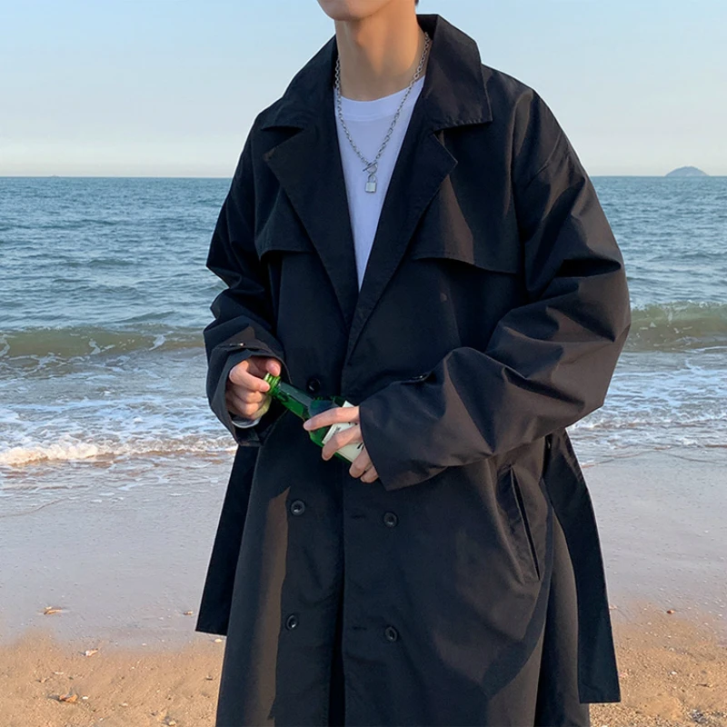 Men Trench Solid Double Breasted Simple Design Korean Style All-match Outwear Males Leisure Chic Loose Trendy Street Handsome