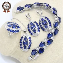 Темно-синий Цирконий набор украшений из серебра 925-й пробы для Для женщин браслет серьги ожерелье кулон подарочные коробки для колец
