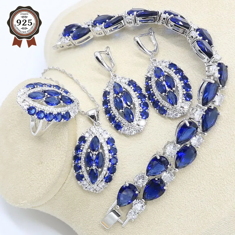 

Dark Blue Zircon 925 Silver Jewelry Set for Women Bracelet Earrings Necklace Pendant Ring Gift Box