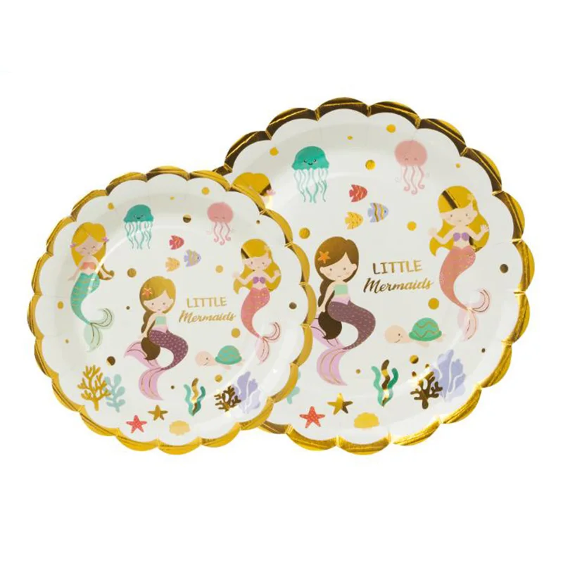 LINVIERLOVE 10 шт./упак. с рисунком «маленькая русалочка» бумажный стаканчик, тарелка шляпа для детей с днем рождения золотым ободком Одноразовая посуда для вечеринок Поставки