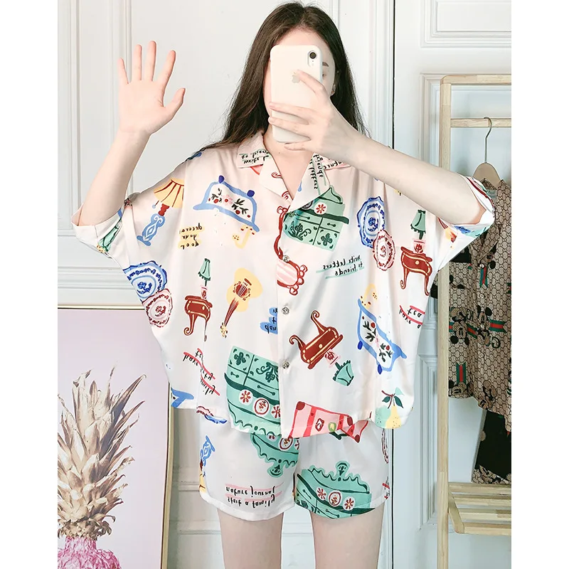 

Satin Pajamas Women's Summer Short-sleeved Shorts Pajamas Summer Thin Japanese Cute Two Piece Suit Women's
