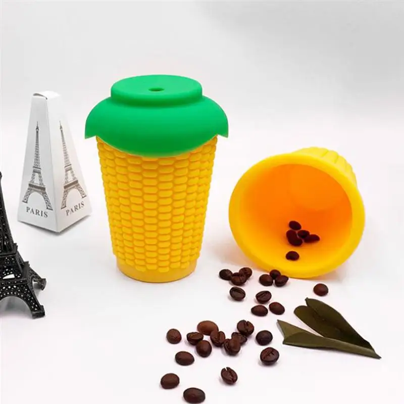 300ml Silicone Straw Cup With Straw Hole Corn Shape Leakproof Creative Drinking Mug For Travel Party