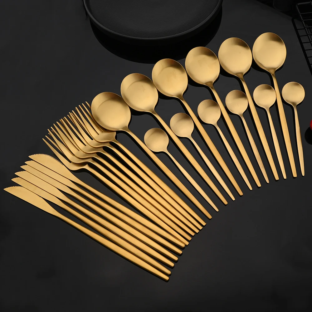 

24Pcs/6Set Gold Matte Cutlery Set Stainless Steel Dinnerware Set Knife Fork Spoon Dinner Set Kitchen Flatware Tableware Set