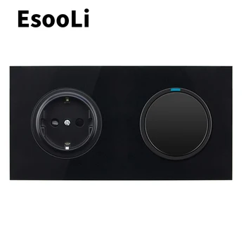

EsooLi Crystal Glass Panel 16A EU Standard Wall Power Socket 1 Gang 1/2 Way Pass Through On / Off Light push button Switch
