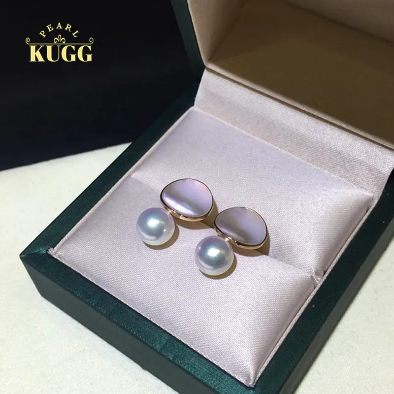 KUGG PEARL 18k Yellow Gold Earrings Natural Akoya White Pearl Earrings Shell Jewelry Stud Earrings for Women New Style Design