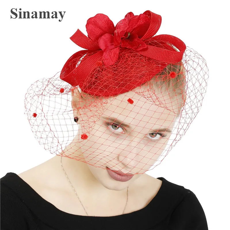 

Red Mesh Bridal Fascinator Headband Hat Elegant Women Formal Cocktail Headpiece New Charming Show Race Occasion Millinery Cap