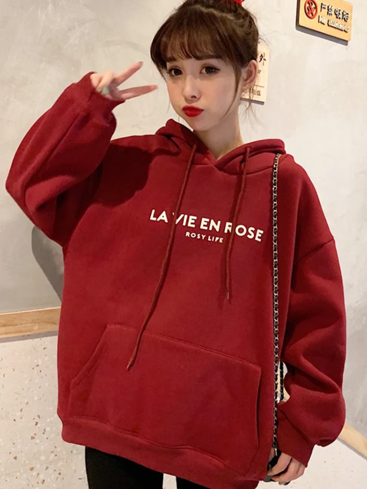 

Winter Hooded Plus Velvet Cotton Women'S Padded Loose Round Neck Pullover Long Sleeve Printed Pocket Coat Red M L XL XXL