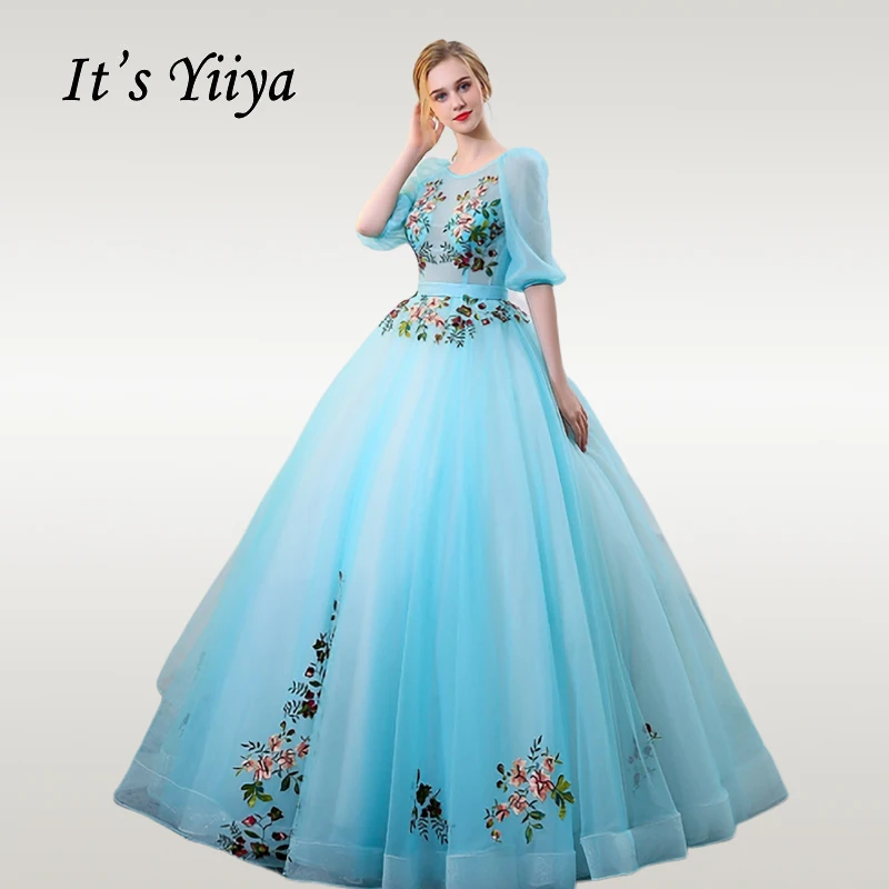 Yiya/Элегантное свадебное платье с круглым вырезом и вышивкой; Длина до пола; свадебные бальные платья; синий длинный халат с коротким рукавом; De Mariee CH184