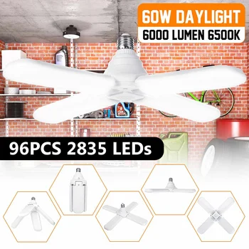 

96PCS LED Garage Lights Foldable E27 Bulb 4 Adjustable Fan Blades Ceiling Lighting 6000LM 110-265V for Workshop Warehouse