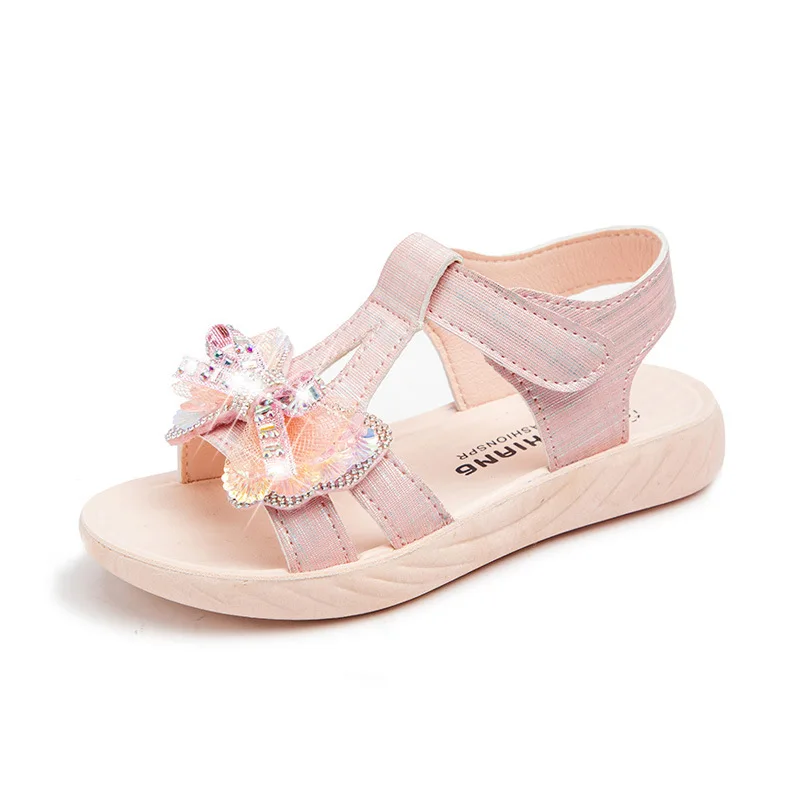 

Summer Children Sandals For Girls Hollow Single Bow Princess Shoes Rhinestone Fairy Soft Comfortable Kids Sandals
