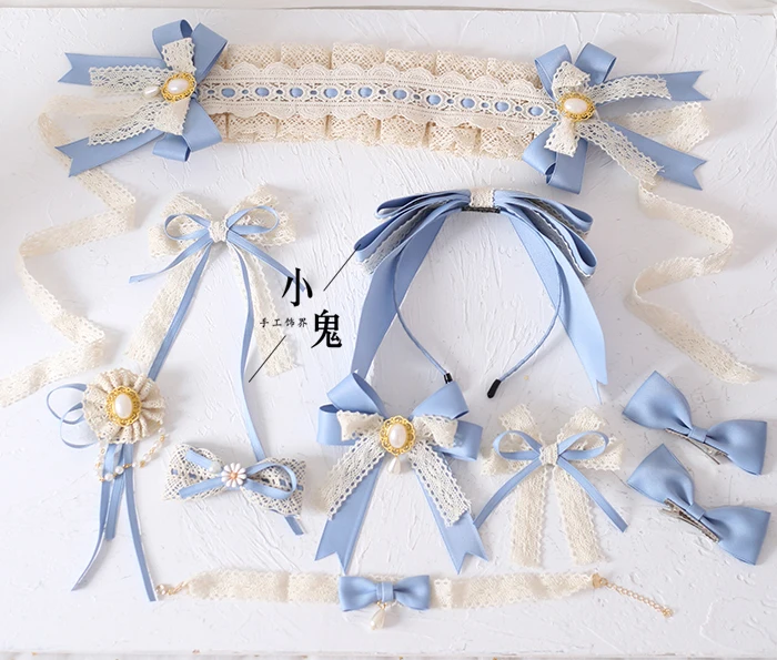 

Original Lo Niang Lace Bow Hair Band Mori Headwear Lolita KC Headband Humanoid Gray Mist Blue Gadget