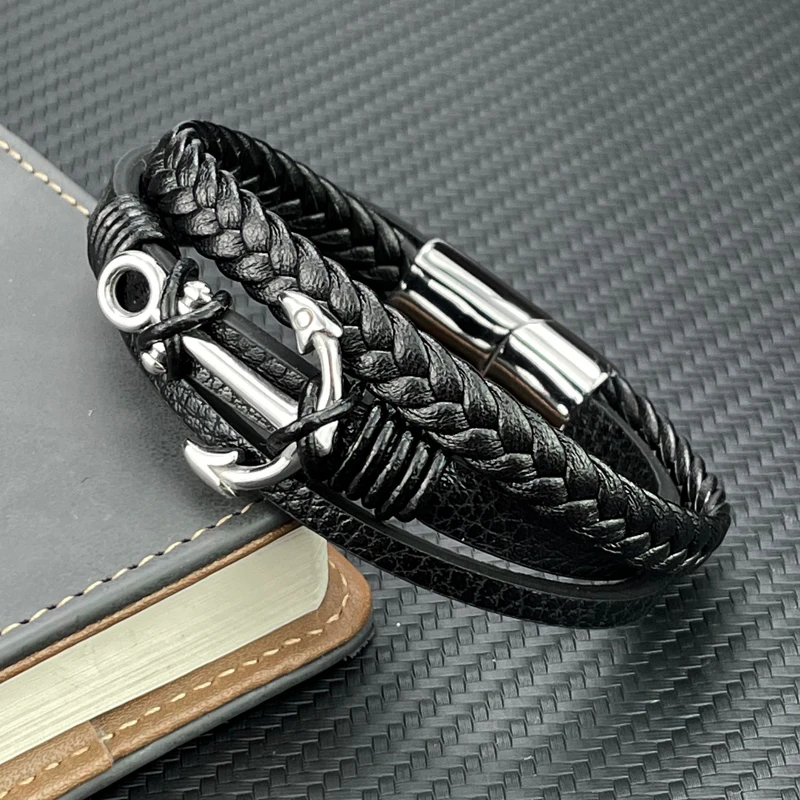 Fashion Charm Cross Men Bracelet Multilayer Leather Bracelet Punk Jewelry Stainless Steel Magnetic Clasp Bangles Boho bracelet jewelry