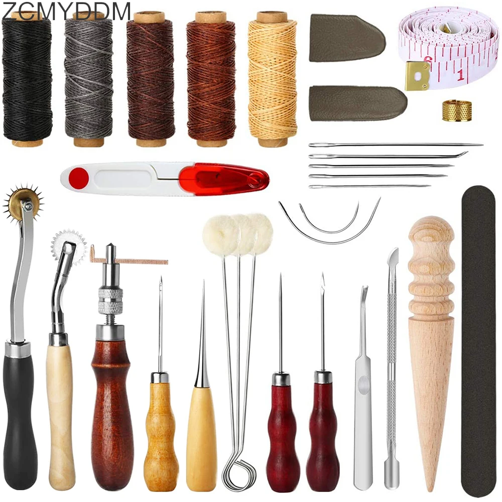 Professional Leather Craft Tools with Groover Awl Waxed Thread Thimble Kit Hand Sewing Stitching Punch Supplies | Дом и сад