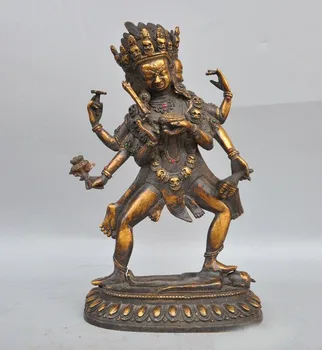 

wedding decoration Tibet Bronze Gilt inlay gem 3 Head 6 Arms Mahakala Wrathful Deity Buddha Statue