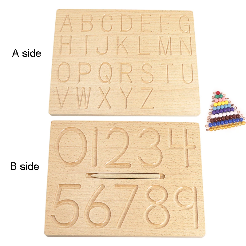 Montessori Tracing Groove Toys Writing Board Alphabet ABC Letters Board Double Shapes Number 1-10 Plush Double Side Beech Wood 3