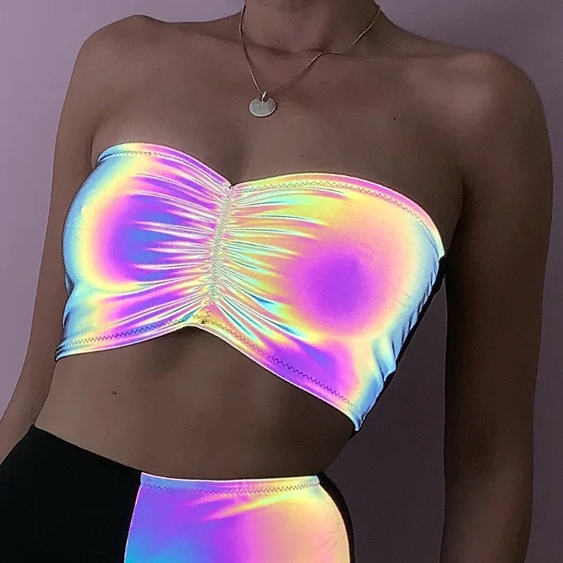 

Women's Strapless Ruched Reflective Bandeau Crop Tube Tops Rave Party Club Wear