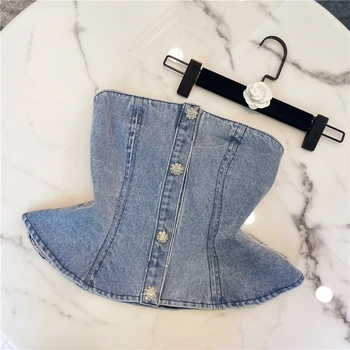 

Female Sexy Top 2020 Spring and Summer New Elegant Lady All-match Tight Slimming Short Denim Strapless Bra Shirt Women Tops