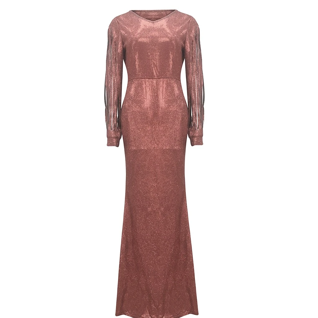 Women Sexy Dress Slim Solid Color Lace Deep Dresses Hollow Lace Long Sleeve Mop Dress Elegant Evening Party Ladies Girls 806