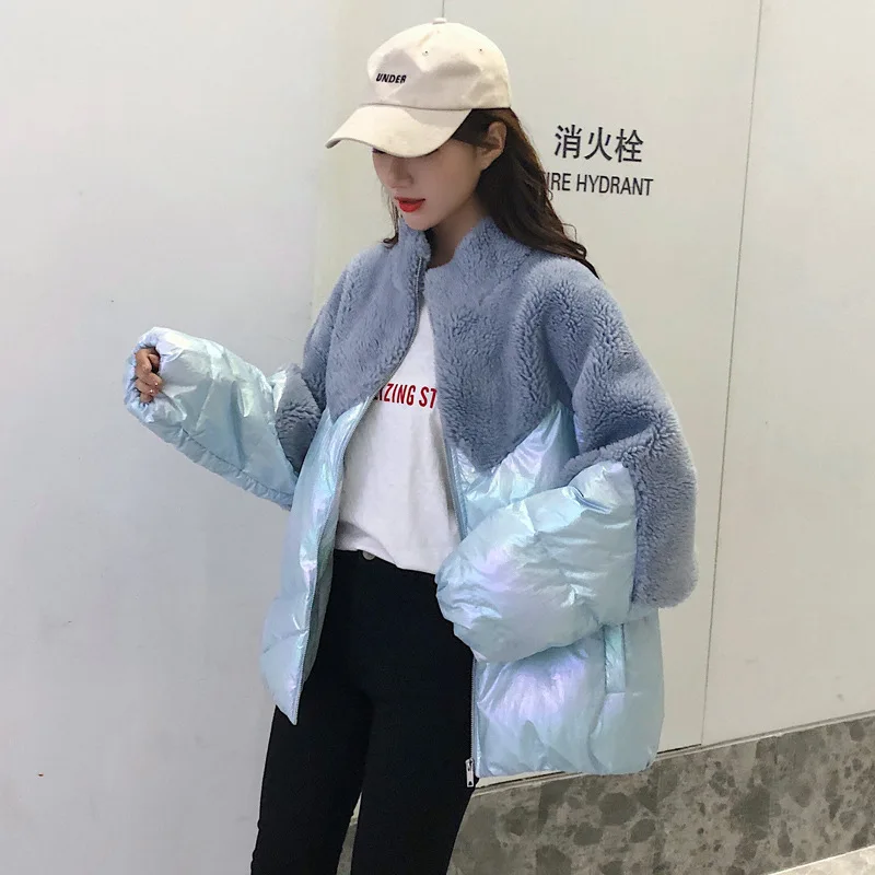 

Photo Shoot Dongdaemun Autumn And Winter New Style Lambs Wool down Feather Joint Coat Women's Casual Loose-Fit Cardigan Cotton-p