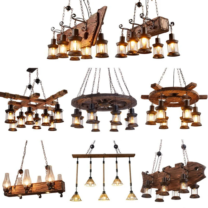 Vintage Industrial Loft LED Pendant Lights Nordic Retro Solid Wood Pendant Lamps Living Roon Restaurant Cafe Bar Decor Hanglamp
