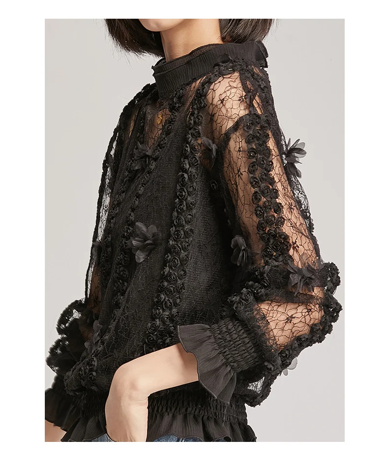 Vimly женские элегантные сетчатые Черные блузки Кружевные Гофрированные прозрачные женские блузки рубашки винтажные жаккардовые с длинным рукавом Сексуальная одежда