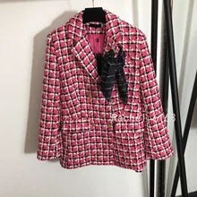Design de luxo 2021 outono inverno novo tweed xadrez lapela manga longa terno única linha botão de ouro casaco feminino lantejoulas blazer