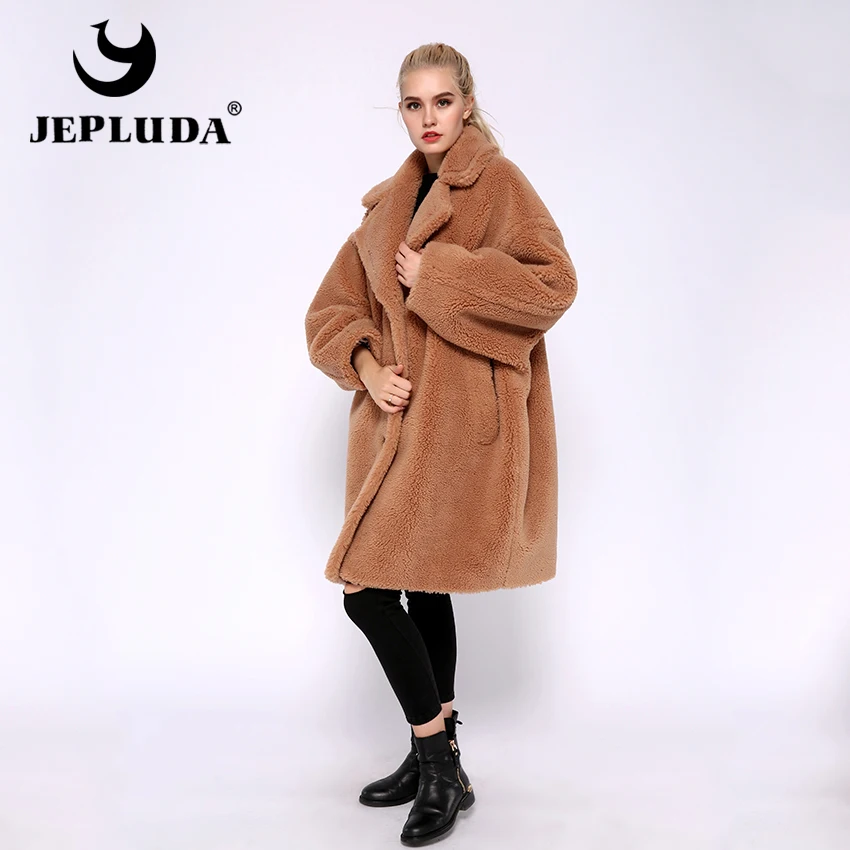JEPLUDA Высокое уличное плюшевое мишка зимнее пальто женское свободное плюс размер толстое теплое смешанное шерстяное пальто из натурального меха овечьей меховая зимняя куртка женская шуба teddy bear