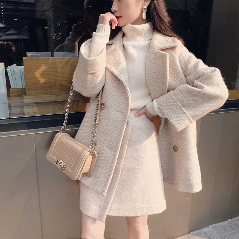 dressy pant suits to wear to a wedding Elegant Faux Wool Jacket And Skirt Set Solid Color Double Breasted Women Manteau Coat New Autumn Winter Woolen Two-piece  Skirt special occasion pant suits