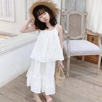 

fashion sumemr Vacation style split suit White simple comfortable cool suspender top + skirt girls 2pcs clothing set